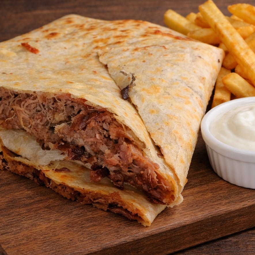 Pulled Pork Quesadilla with Fries.