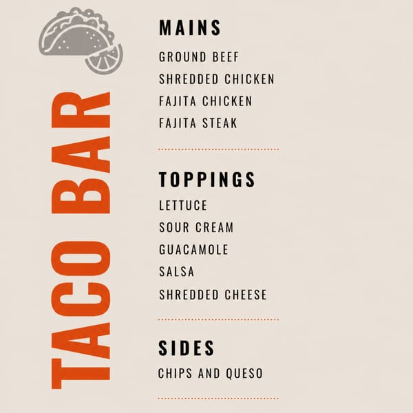 Taco Bar menu with mains, toppings, and sides listed, featuring a taco icon.