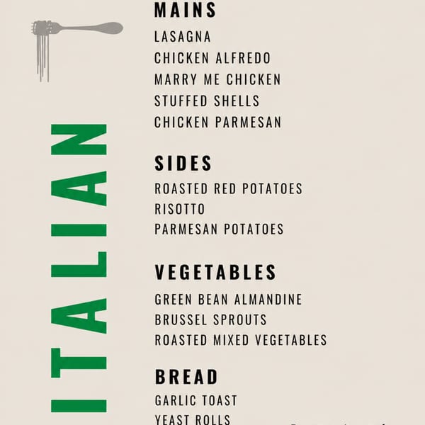 An Italian restaurant menu with mains, sides, vegetables, and bread, featuring a fork with spaghetti.