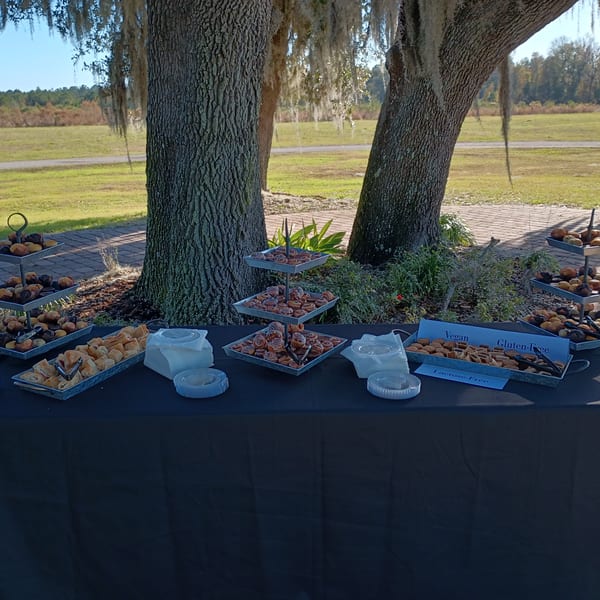 Outdoor buffet table with muffins, pastries, and cinnamon rolls under moss-draped trees.