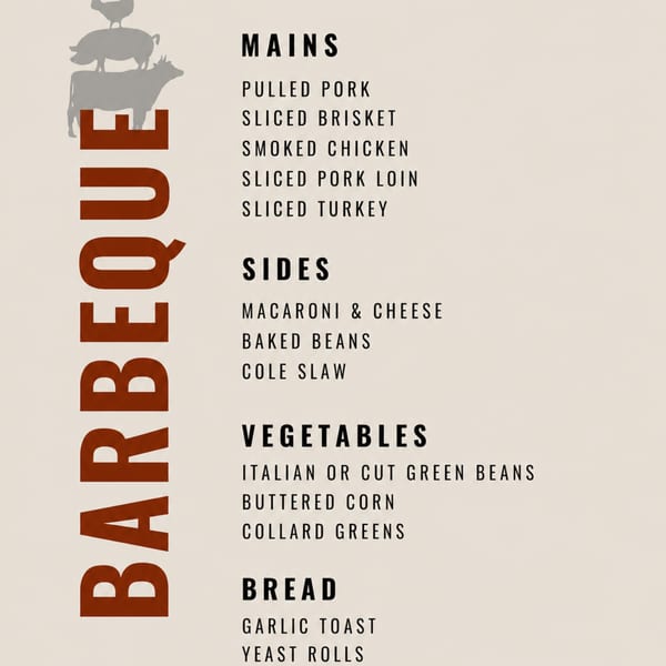 A barbecue menu with mains, sides, vegetables, and bread, featuring a stacked animal logo.